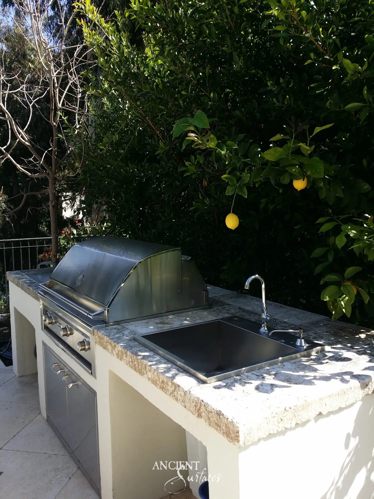 Thick reclaimed antique limestone sink counter from Ancient Surfaces in a garden kitchen, its split face edge showing the full depth of the stone, cut with a rectangular basin aperture and a single tap hole